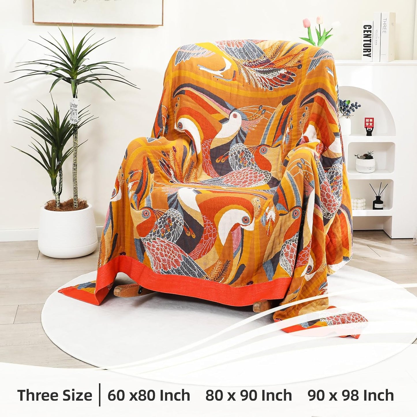 Boho Large Throw Blanket, 100% Organic Cotton Breathable Soft Bed Throw - Floral Bird Farmhouse Decor Blanket for Sofa Couch Chair Quilt and Gift. 60" x 80"- Colorful