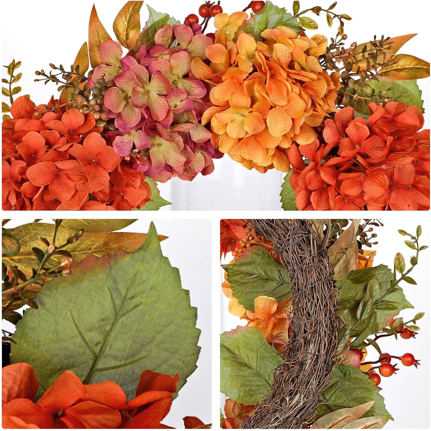 Artificial Fall Wreath for Front Door – 24 Inch Hydrangea Floral Wreath with Orange & Burgundy Flowers, Autumn Thanksgiving Door Décor