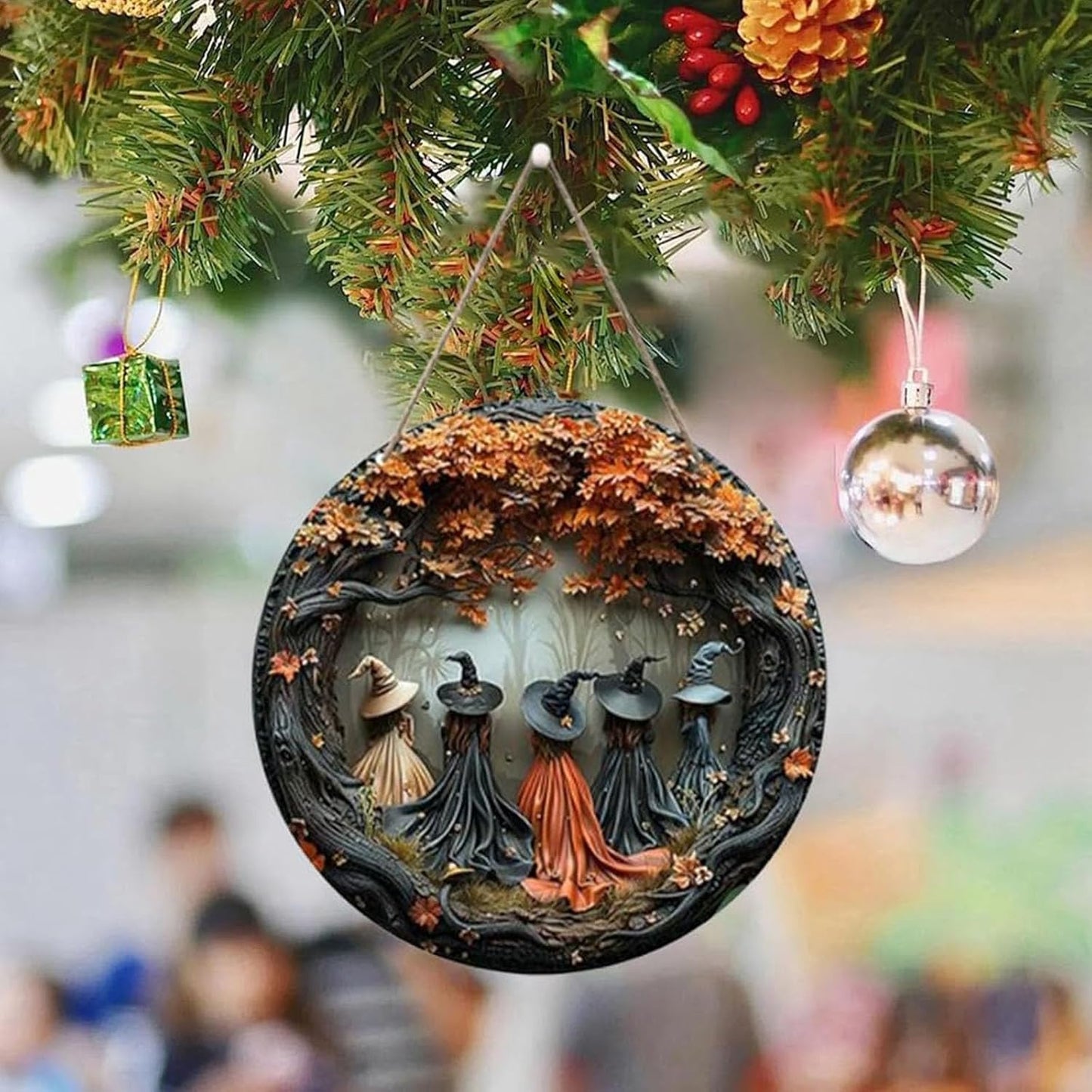 Fanyil/Olygee/Sherum/Shirem/Pubyfun/Glosrity/Libilin/Graddi/Solymody/Gowebs/Goredny/Vianys Witching Hour, Door Way Hanging Decor Halloween, 2D Wooden Round Witches Sign (B+C, 11.8")