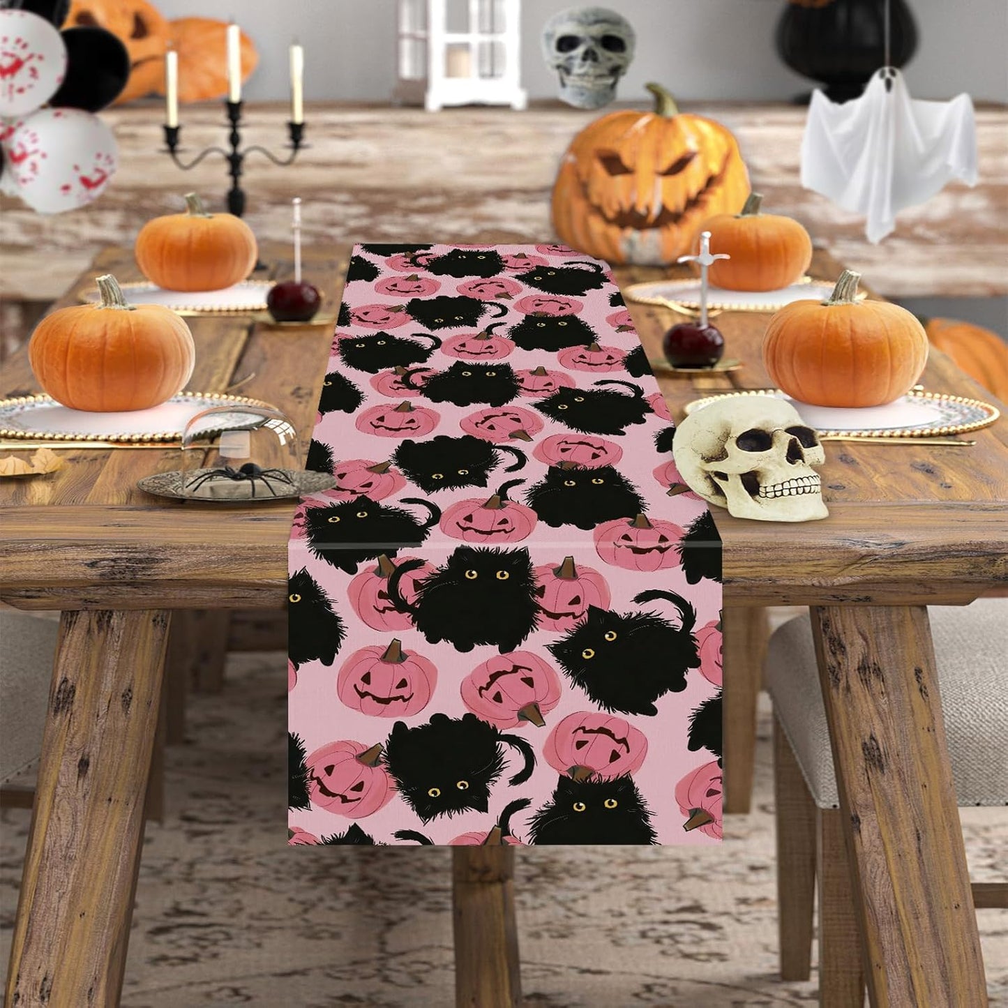 Halloween Table Runner Black Cat Pink Pumpkins Seasonal Kitchen Dining Table Home Outdoor Party Decorations 13x36 Inch
