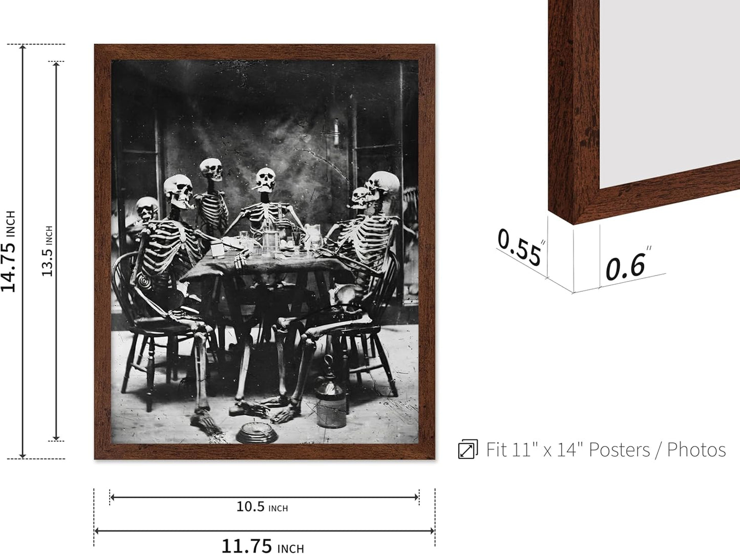 Poster Master Vintage Photograph Poster - Retro Daguerreotype Print - Gift for Artist, Friend - Skeletons Smoking at Table, Dinner Party, Goth - Wall Decor for Home, Dorm, 11x14 Brown Framed