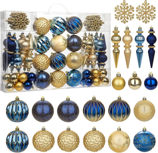 92ct Christmas Tree Decoration Set Christmas Ball Ornaments with Srtings Shatterproof Christmas Baubles for Christmas Holiday Wreath Garland Party Decoration, Blue-Gold