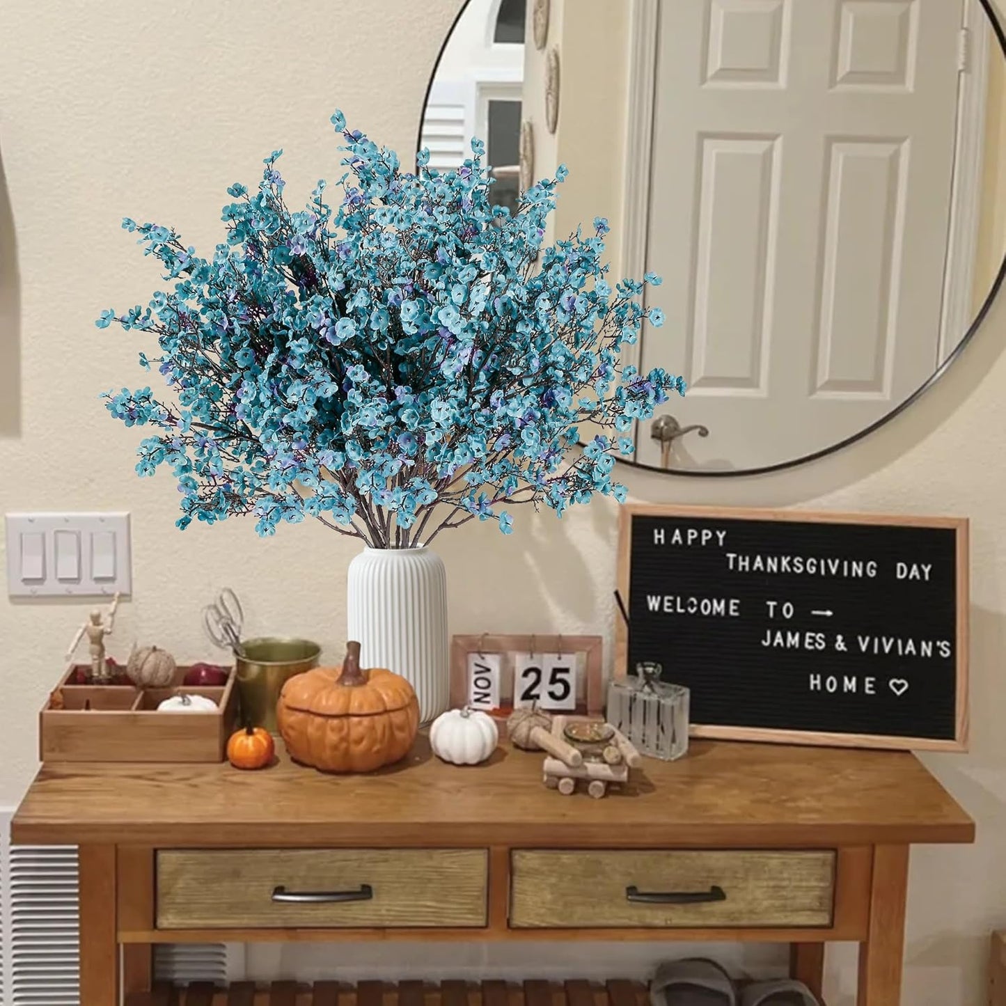 Sggvecsy 15 Pcs Babys Breath Artificial Flowers Gypsophila Bouquets Bulk Real Touch Fake Silk Flowers for Home DIY Floral Arrangement Table Centerpiece Fall Thanksgiving Autumn Decoration (Fall Blue)