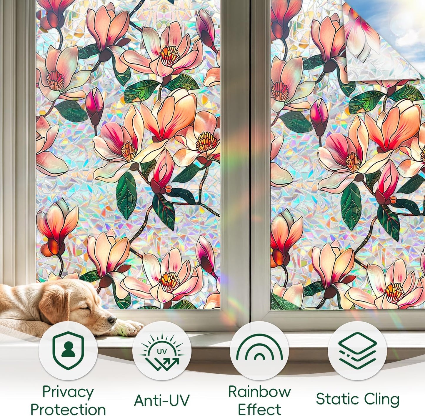 DUOFIRE Window Privacy Film Decorative Stained Glass Window Film Rainbow Magnolia Floral Static Cling Non-Adhesive Reusable Anti UV Colorful Window Decal for Home 16.92×39.37 inch