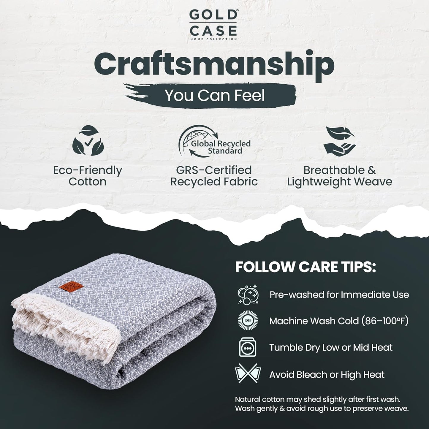 Gold Case Throw Blanket for Bed – 100% Recycled Turkish Cotton Bed Blanket – Decorative Throw Cotton Blankets for Living Room & Bedroom – Retro Grey Woven Queen Blankets – 90x90