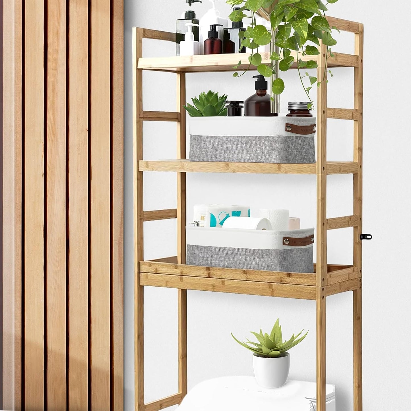 DECOMOMO Narrow Storage Bins Small Baskets for Organizing Bathroom, Toilet Tank, Towel Storage, Entryway, Gifts (Grey and White - Set of 4)