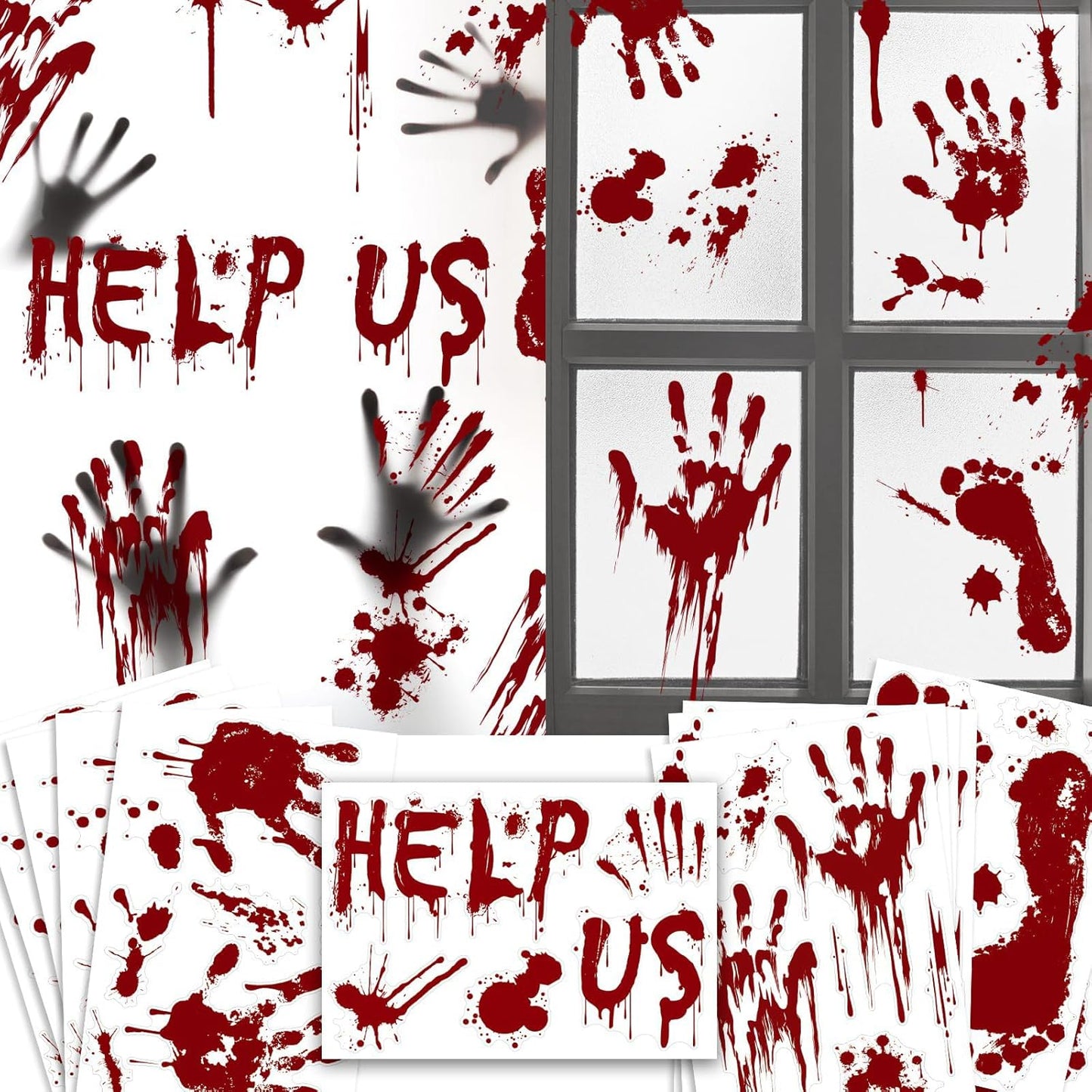 Halloween Window-Clings-Decorations Bloody-Handprint-Footprint Stickers, Scary Halloween Party Indoor/Outdoor Decoration, for Windows, Car - 12 Sheets