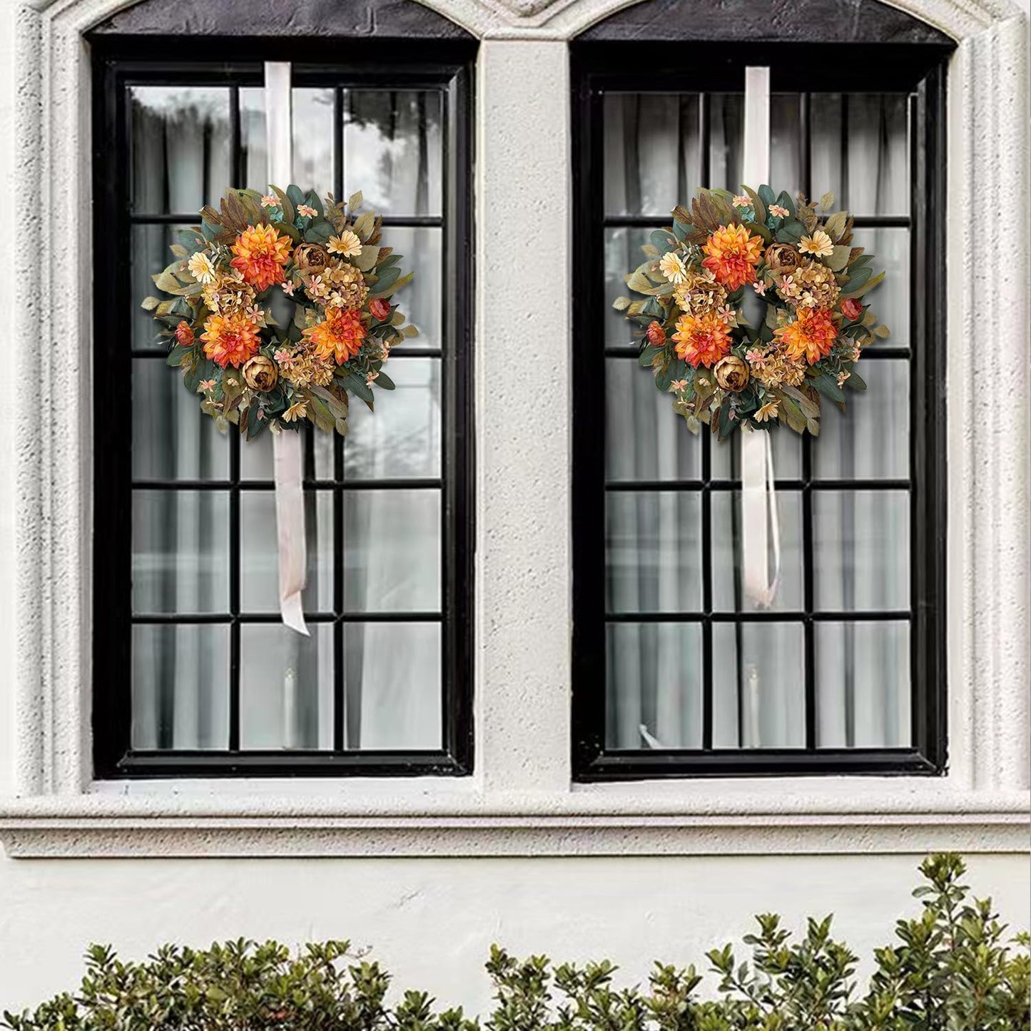 WANNA-CUL 24 Inch Spring Fall Wreaths for Front Door,Fall Wreath with Orange Hydrangea&Peony and Dahlia Flowers-Fall Decoration for Home-Large Fall Decor Door Wreath for Autumn,Harvest