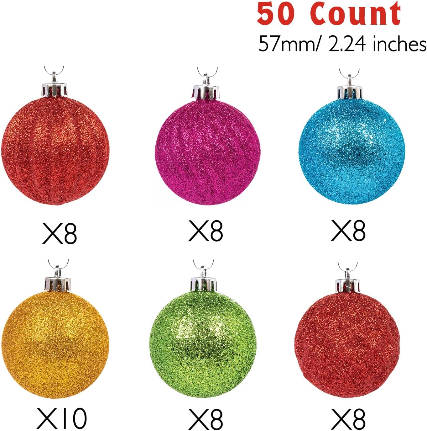 Every Day is Christmas Ornaments, Shatterproof Christmas Tree Ornament Set, Christmas Balls Decoration 50 Count (2.24"/57mm, Textured Rainbow)