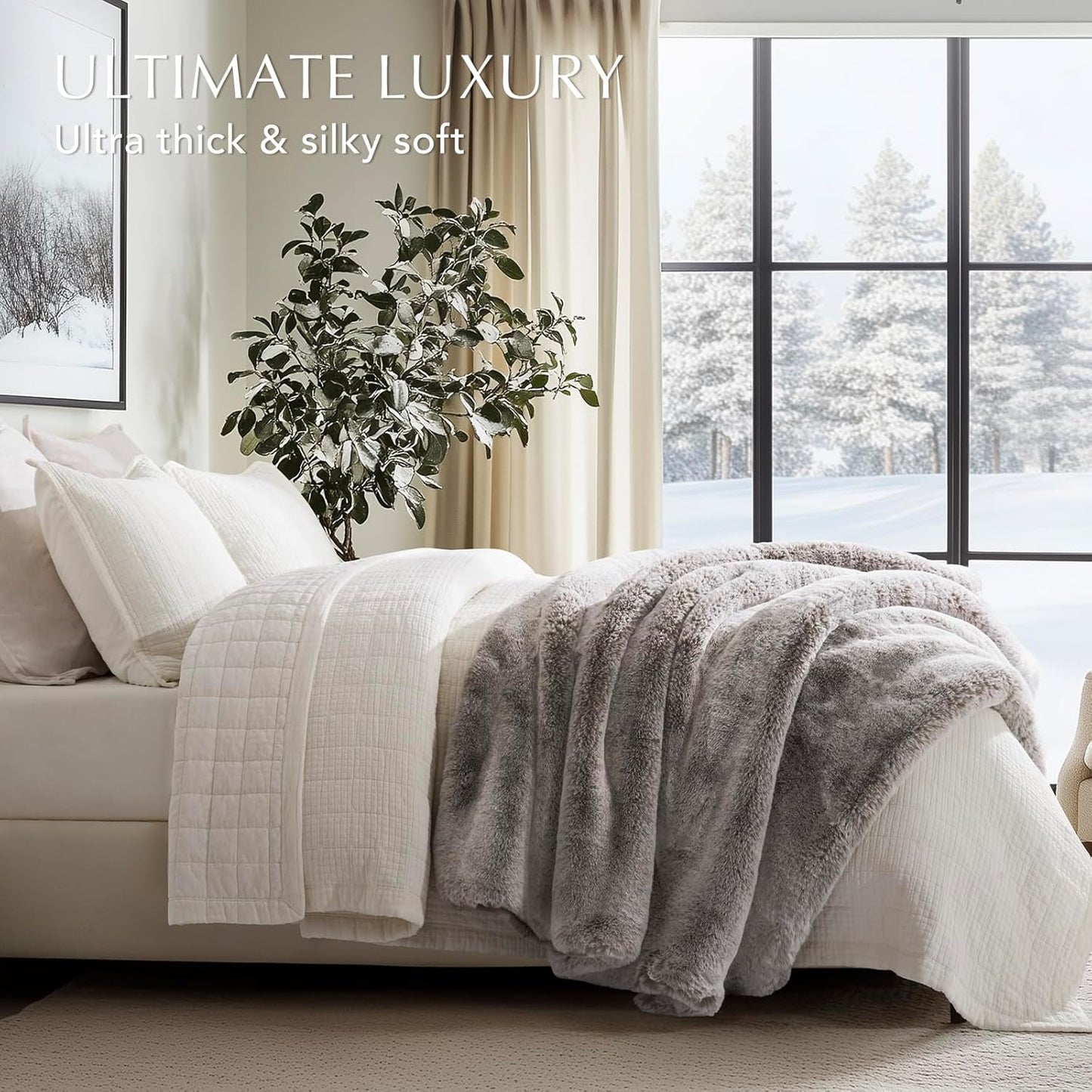 Luxury Soft Faux Chinchilla Fur Throw Blanket for Couch, Warm Thick Heavy Winter Throw Blanket 1220GSM for Bed, Fluffy Cozy Mink Blanket with Reversible Velvet, Champagne Fawn, 50"x60"