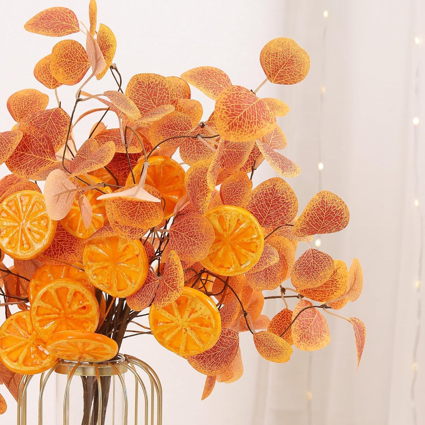 Eucalyptus Stems, 4PCS Artificial Lemon Stems Faux Citrus Branches Plastic Decor for Kitchen, Table Centerpieces, Entryway, Thanksgiving Wedding Party (Orange)