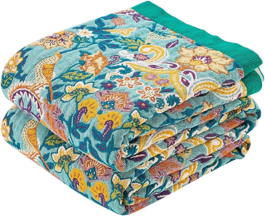 Boho Blanket Throw Quilt, 100% Cotton Soft Light Weight Throw Blankets for Summer, 80"x90" Farmhouse Flower Decorative Blankets, All Season Rustic Reversible Bohemian Throw Quilt