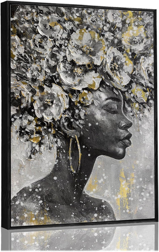 Large Black and Gold African American Wall Art with Framed Black Woman Office Bedroom Living Room Poster Home Hanging Decor 32x48 Inch