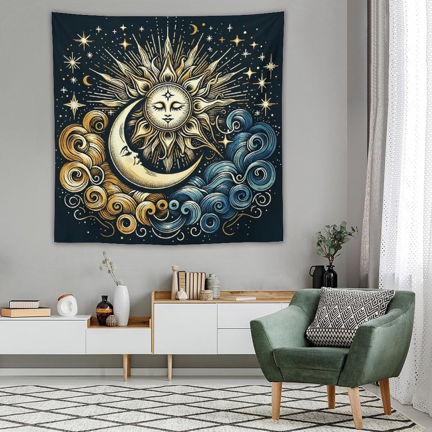 HZOHNAGO Sun Moon Tapestry Boho Golden Stars Pattern Printed Wall Tapestry Wall Hanging for Bedroom Living Room Dorm 60" W x 60" H
