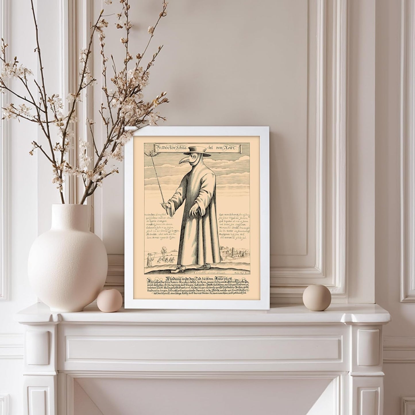 Poster Master Vintage Medieval Poster - Retro Illustration Print - Gift for Friend - Plague Doctor, Pandemic Mask, Physician, Black Death - Wall Decor for Home, Living Room, 8x10 White Framed