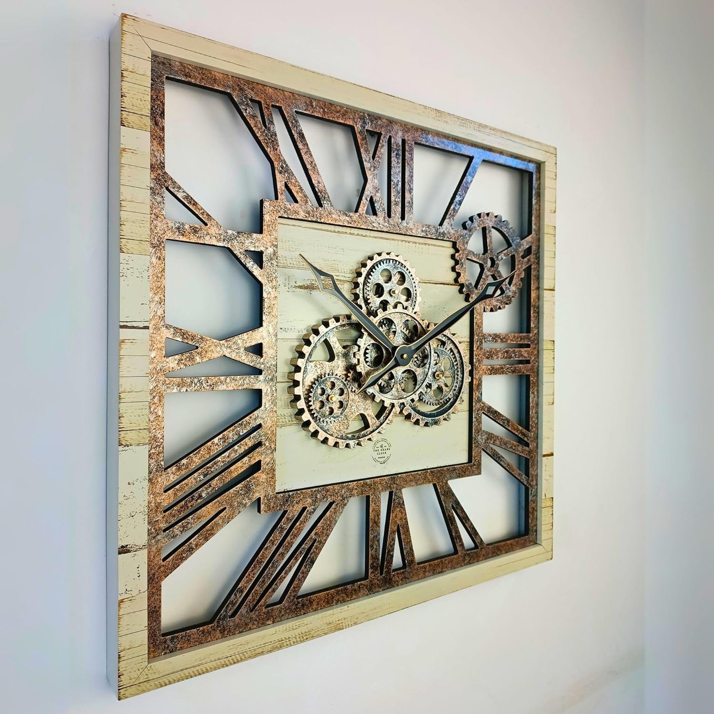 The Gears Clock 24'' Inch Square Real Moving Gear Wall Clock Vintage Industrial Oversized Rustic Farmhouse (Desert Beige)