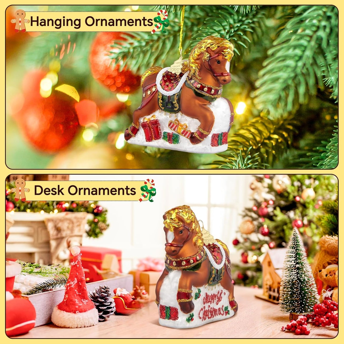 Horse Christmas Tree Ornaments,Hand-Blown Glass Ornaments for Tree,Short Legged Horse Collection Figurines Hanging Ornaments, Christmas Decorations for Animal Lovers Holiday Party Daily Gifts