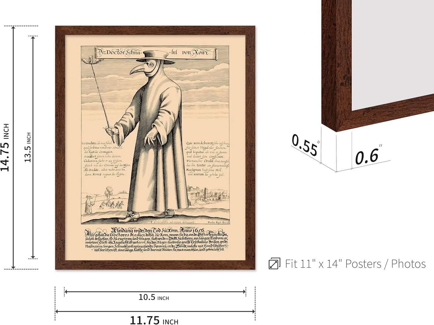 Poster Master Vintage Medieval Poster - Retro Illustration Print - Gift for Friend - Plague Doctor, Pandemic Mask, Physician, Black Death - Wall Decor for Home, Living Room, 11x14 Brown Framed