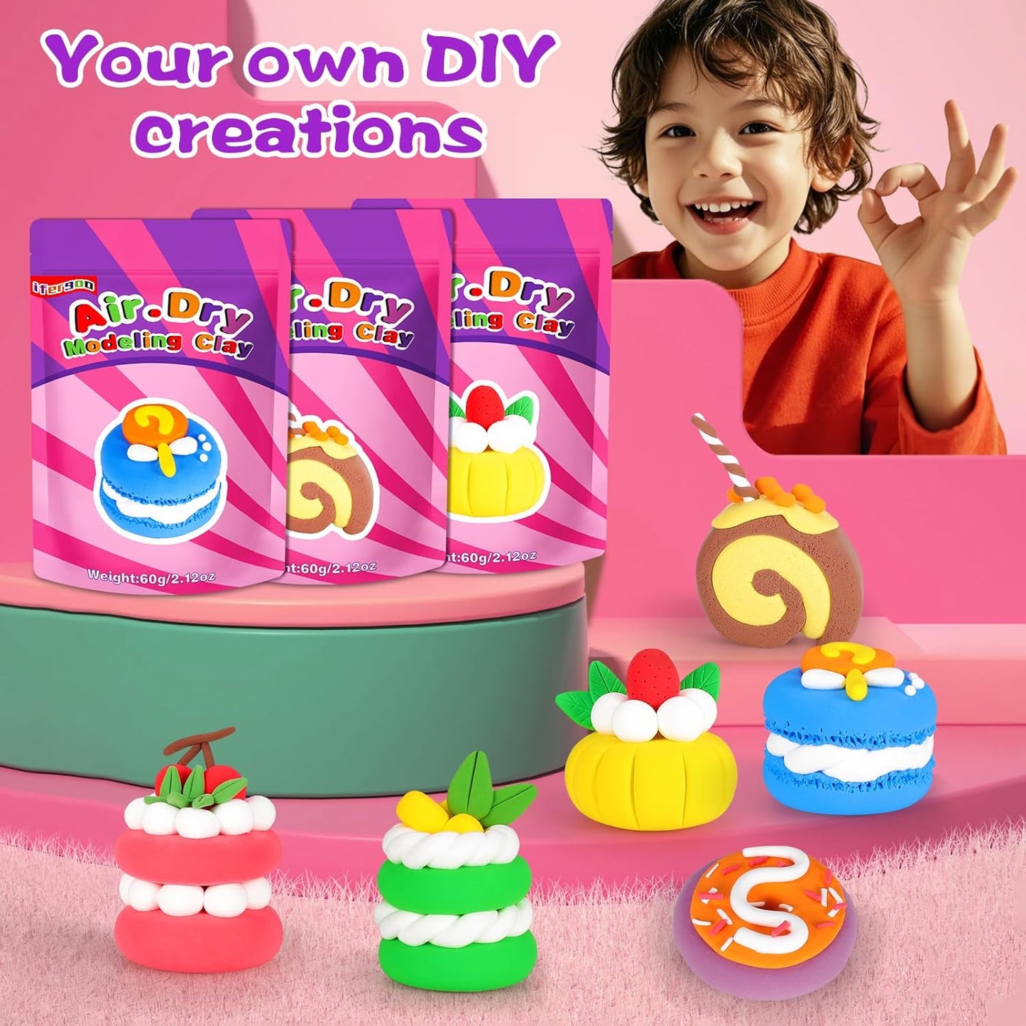 ifergoo Air Dry Clay Kit for Kids - Cakes Modeling Clay, Includes 6 Dessert Designs and Display Stand, DIY Art & Crafts School Projects, Home Party Kids Toys, Holidays Gifts for Age 3-12 Girls & Boys
