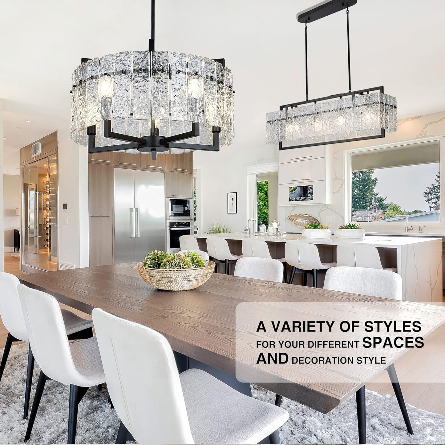 IKK Modern Black Crystal Chandeliers for Dining Room, Luxury Water Ripple Glass Light Fixture, Elegant Farmhouse Round Lighting for Kitchen Island, Bar Table, D20