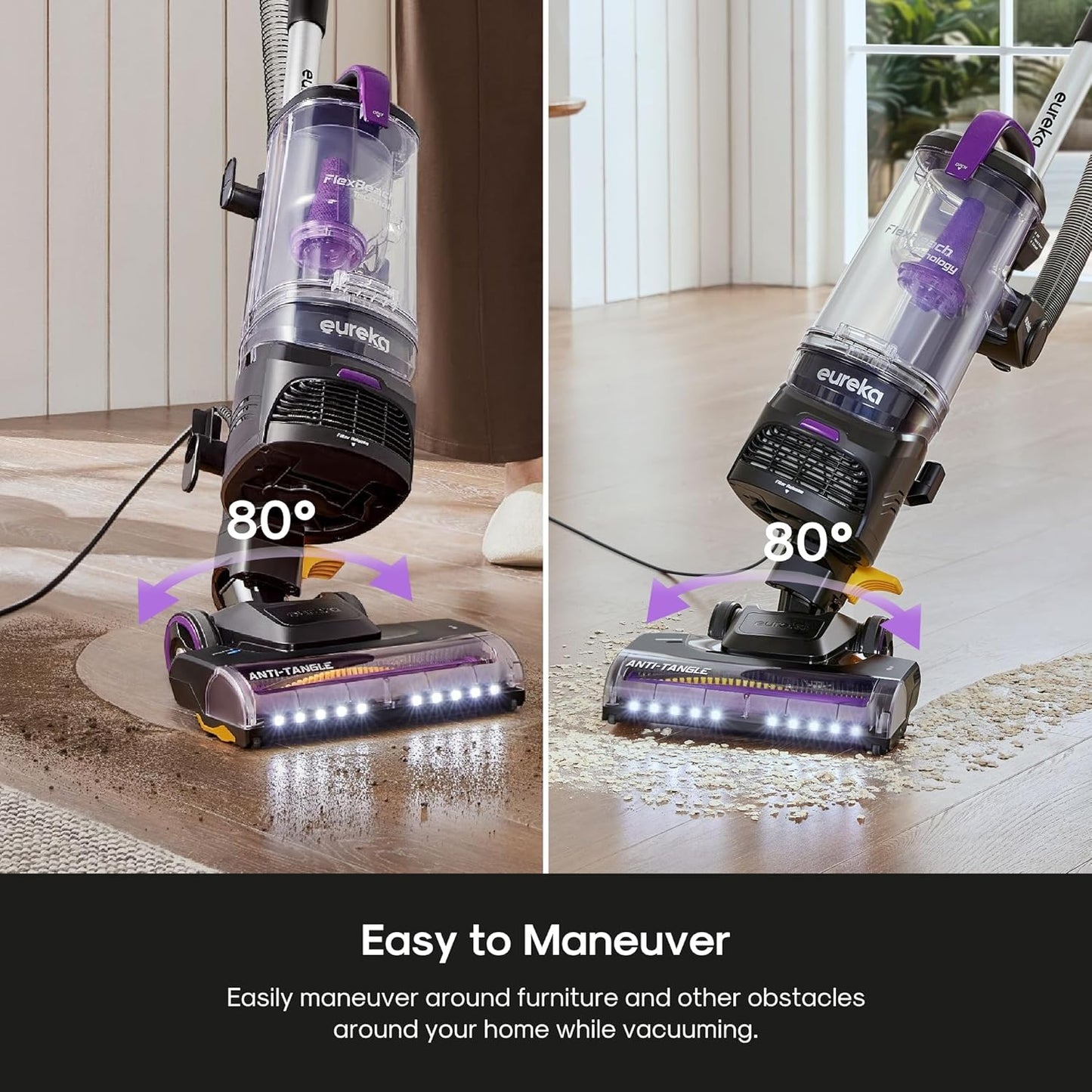 Eureka FlexReach Powerful Upright Vacuum Cleaner for Carpet and Hard Floor, Lift-Away Vacuum with Large Dust Cup, Anti-Tangle, NEU651PL, Purple