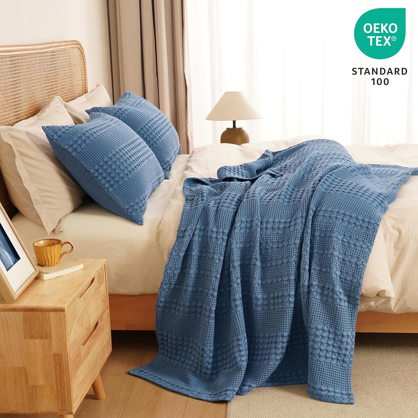 PHF 100% Cotton Waffle Weave Throw Blanket, Soft Lightweight Breathable Cozy Summer Throws for Couch Bed Sofa, Luxury Aesthetic Woven Blanket for Home Decor & Office, 50"x60", Captain's Blue