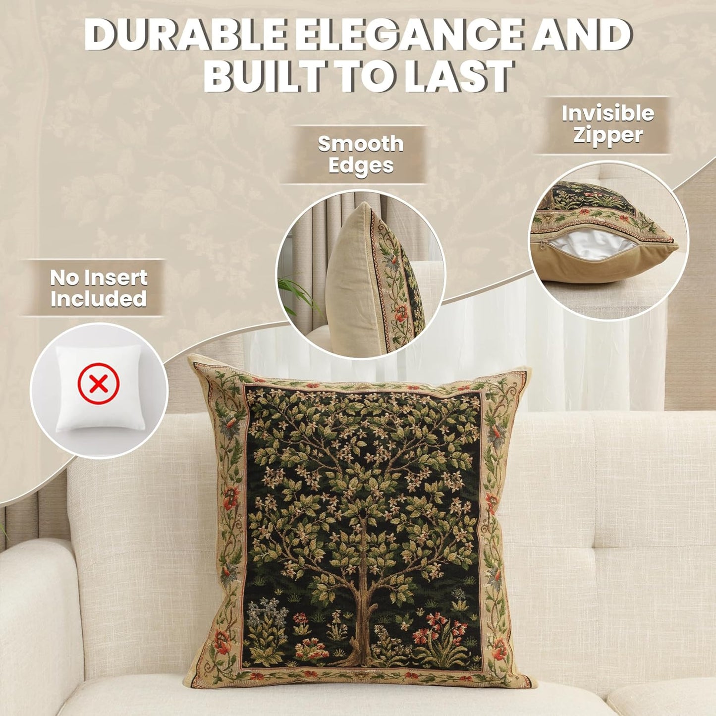 Charlotte Home Furnishings Throw Pillow Covers, Decorative Boho Pillow Covers for Couch, Living Room, Black Tree Square Cushion Cases 18x18 in, European Cotton Jacquard Woven for Cozy Bedroom Decor