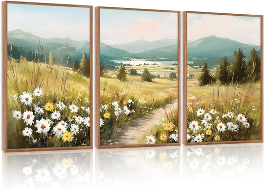 KAIRNE Field Canvas Wall Art,Vintage Landscape Wall Decor,Wildflower Prints Set of 3(16”X24”),Nature Botanical Floral Posters,Rustic Paintings for Kitchen Living Room Bedroom Farmhouse Decor,Framed