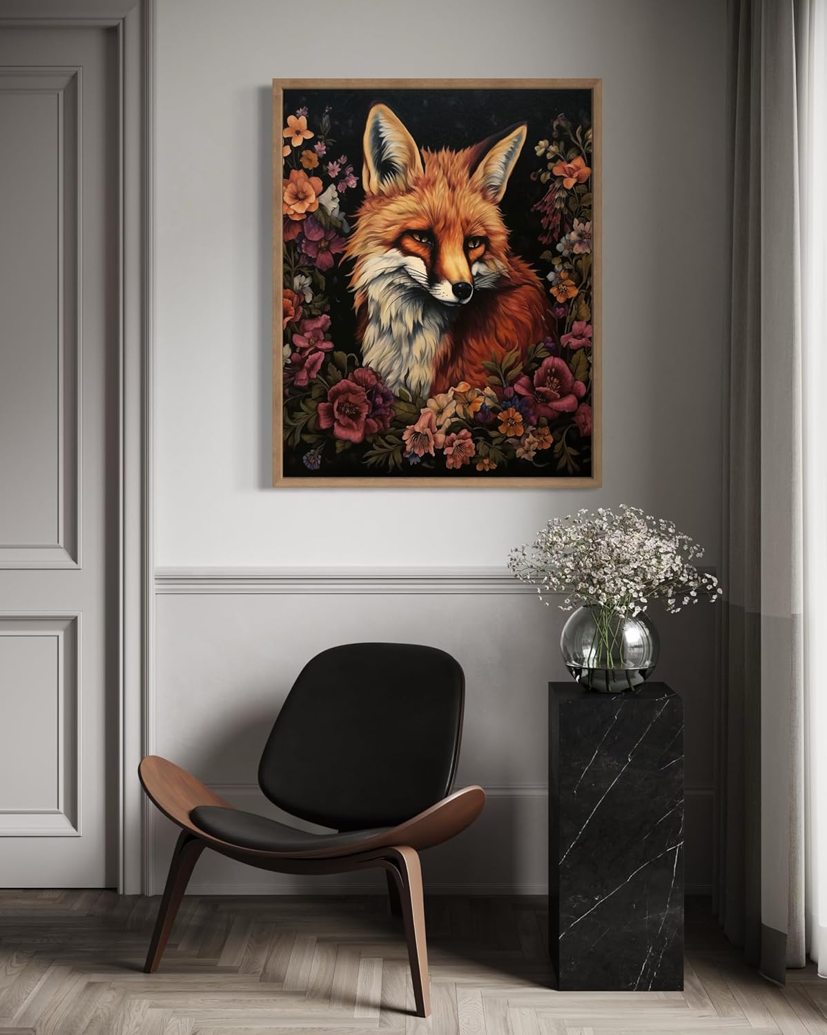 Fox and Flower Poster Art Print, Halloween Scary Vintage Wall Art Academia Spooky Painting Decoration for Horror Prints, Gothic Posters Bedroom Decor 89 (Fox and Flower, 11 x 14 inches, Wood Frame)