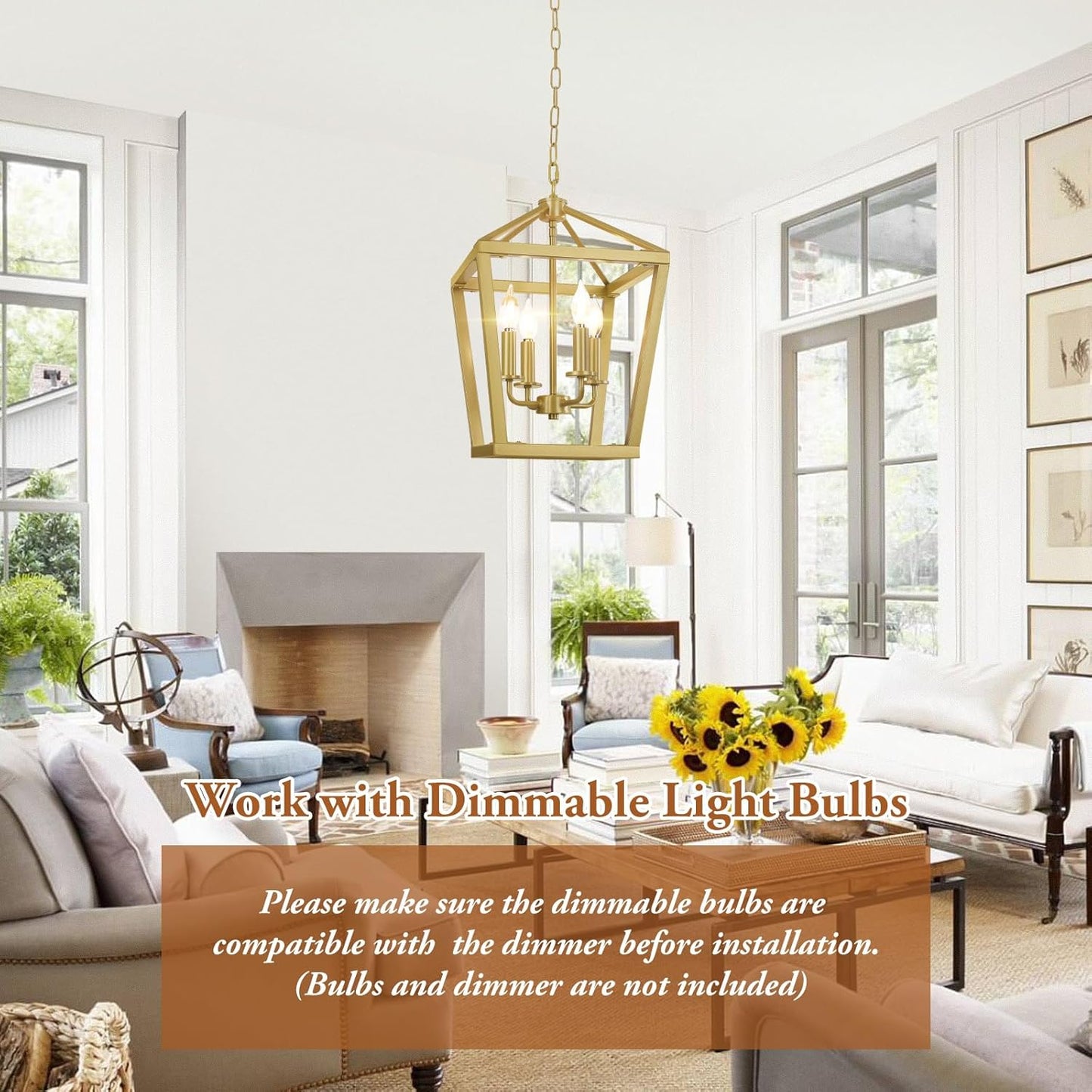 Gold Chandelier 4-Light, Farmhouse Pendant Light Fixture Adjustable Height, Modern Dining Room Light Fixture, Lantern Ceiling Hanging Lighting with Metal Cage for Kitchen Island Entryway Foyer