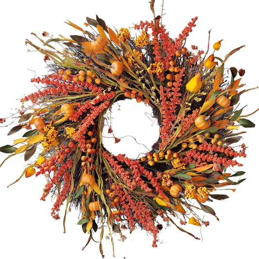 WANNA-CUL 24 inch Fall Wreath Decor for Front Door with Pumpkins, Hawthorn,Grain,Lantern Fruit,Berries,Eucalyptus Leaves, Large Harvest Door Wreath for Autumn or Thanksgiving Decoration