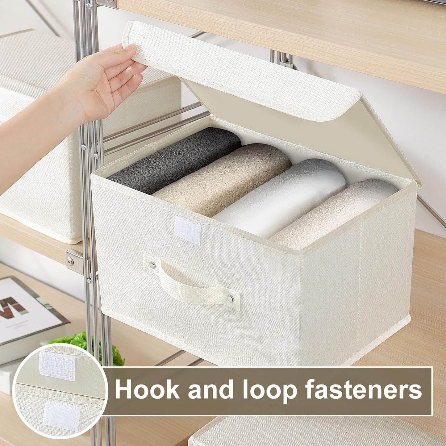 Fabric Storage Bins Cube Organizers with Flip-Top Lid and Handles,Storage Boxes for Organizing Home,Office,and Closet,Beige,3 Pack 13 X 9.1 X 7.9 in