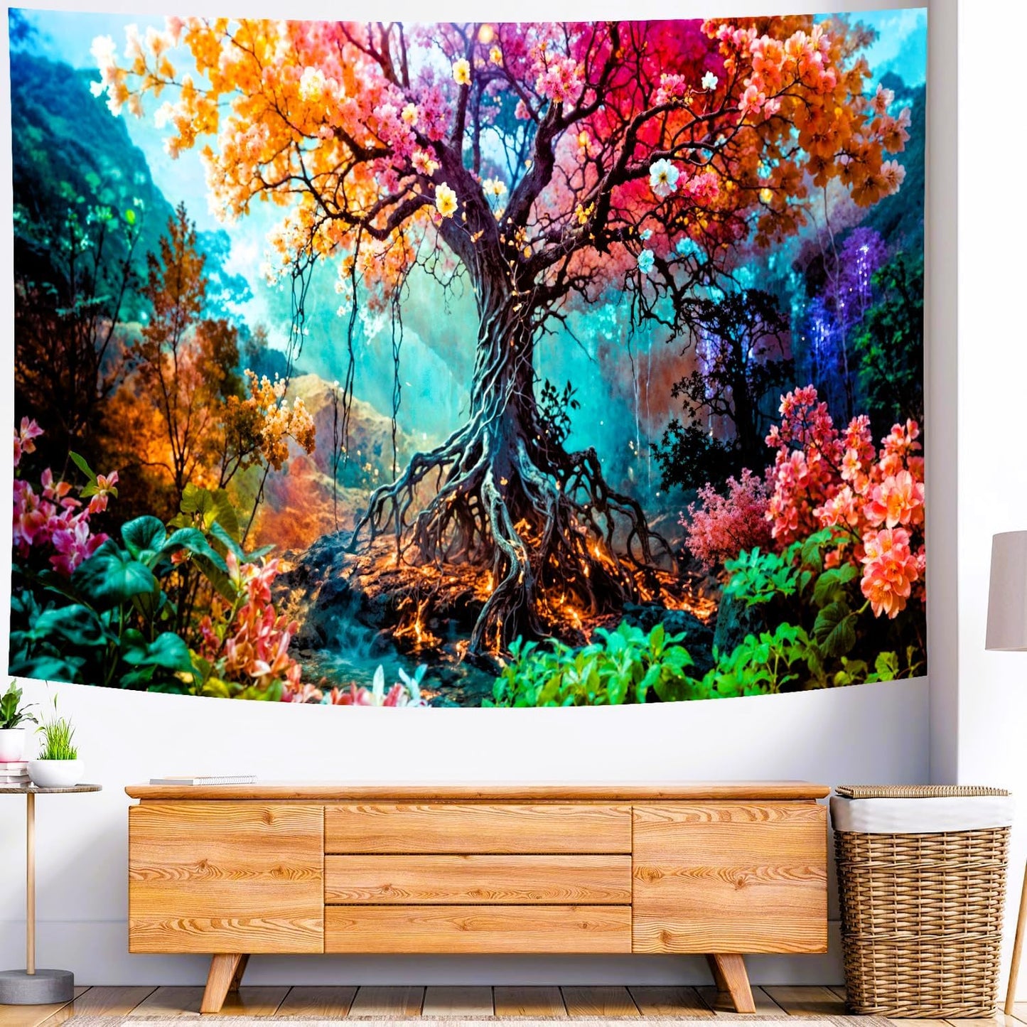 Delur Forest Tapestry Tree of Life Fantasy Tropical Rainforest Tapestry Wall Hanging Colorful Nature Mystical Landscape Psychedelic Spiritual Headboard for Bedroom Living Room Home Decor (51.2" x 59.1")