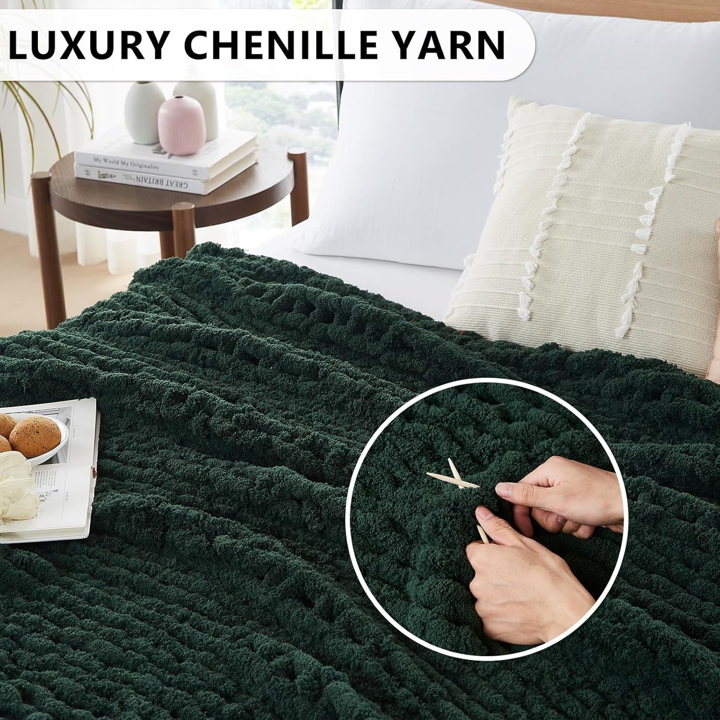 L'AGRATY Chunky Knit Blanket Throw - Soft Chunky Throw Blanket 30x40: 100% Hand Kintted Chenile Crochet Throw Blanket for Couch - Large Cable Knit Chunky Blanket for Home Decor(Olive Green)