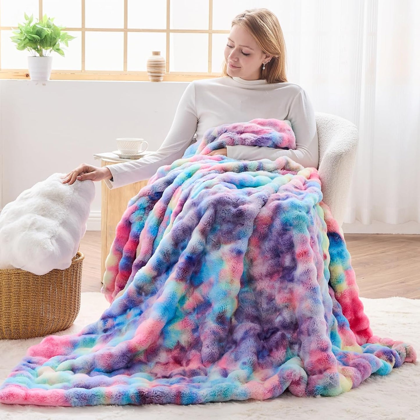 NEWCOSPLAY Faux Fur Twin Blanket Dark Rainbow Luxury Fluffy Thick Warm Bubble Blanket for Couch Sofa Bed 700GSM (Dark Rainbow, Twin(60"x80"))