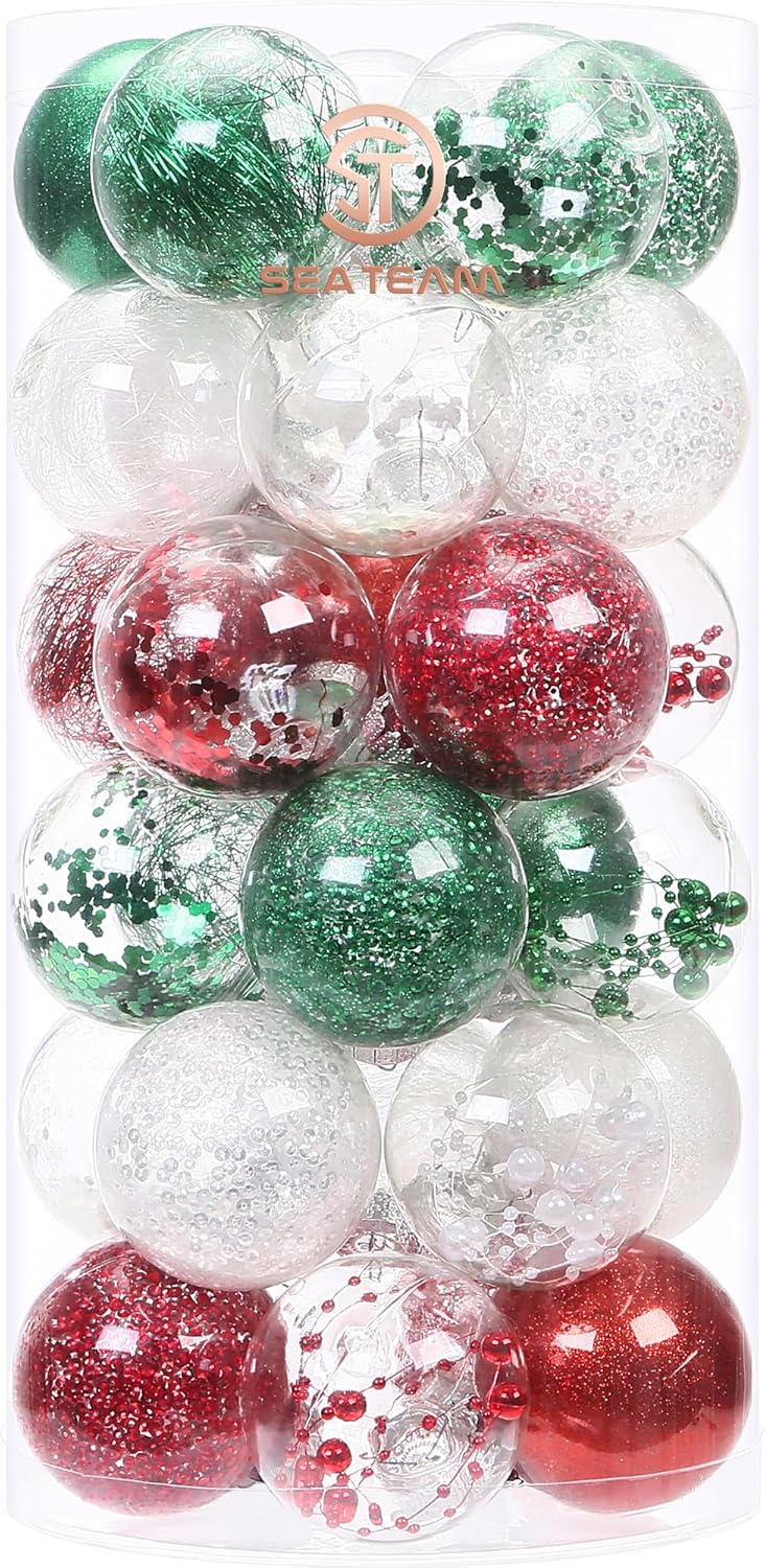 Sea Team 60mm/2.36" Shatterproof Clear Plastic Christmas Tree Ball Ornaments Set, Decorative Hanging Transparent Xmas Baubles with Stuffed Delicate Decorations (30 Counts, Elf)