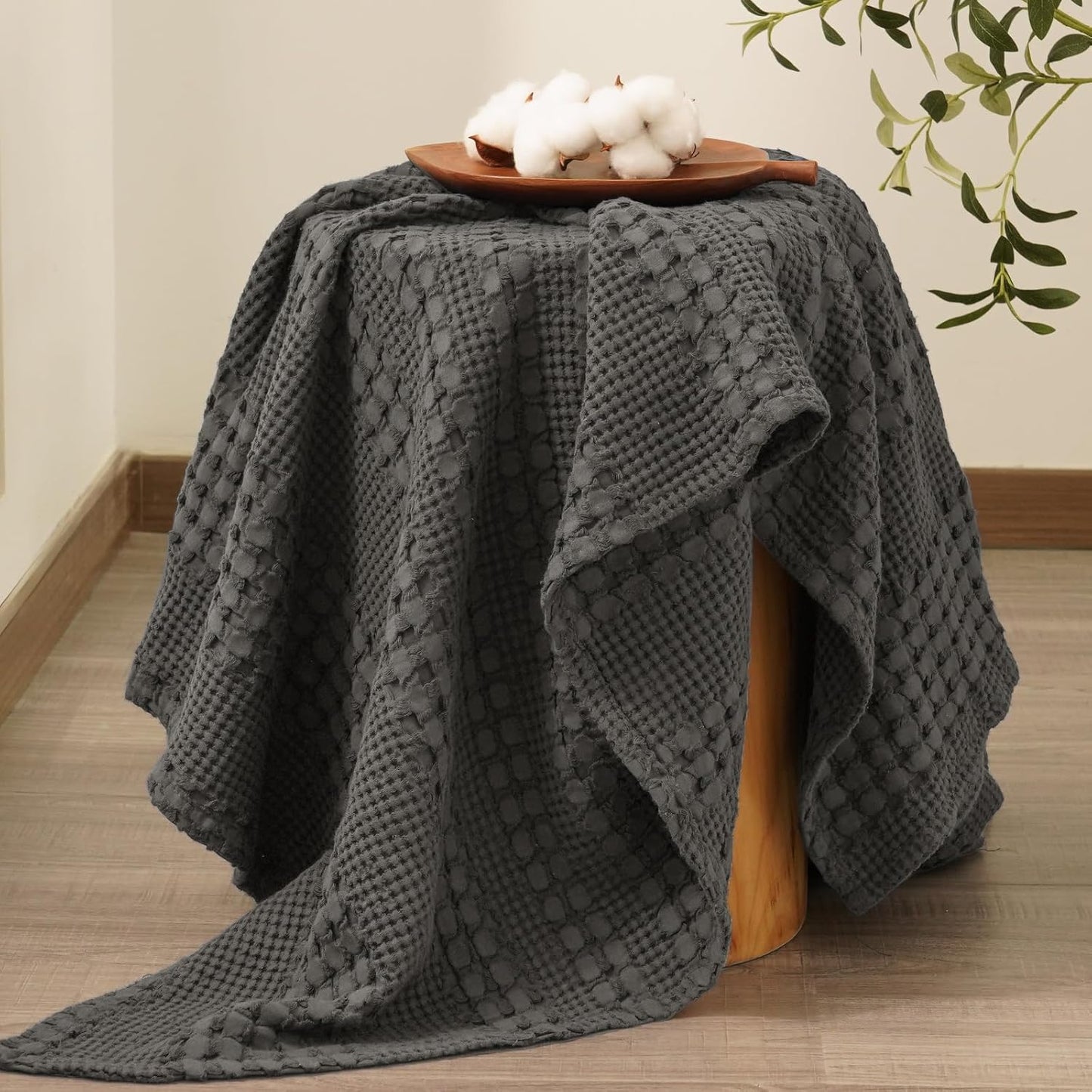 PHF 100% Cotton Waffle Weave Throw Blanket, Soft Lightweight Breathable Cozy Summer Throws for Couch Bed Sofa, Luxury Aesthetic Woven Blanket for Home Decor & Office, 50"x60", Charcoal Grey