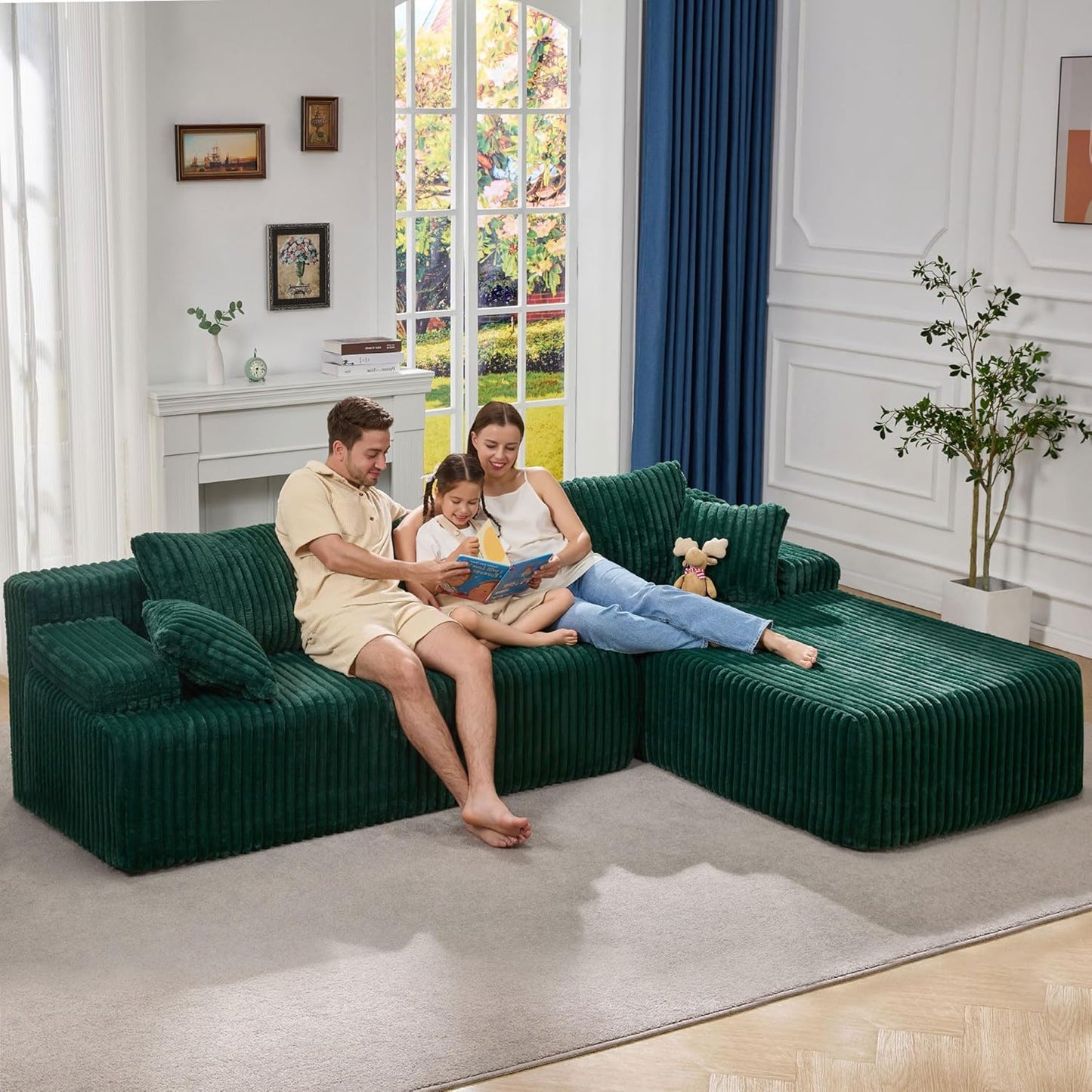 Hobestluk Modular Sectional Sofa Couches 108" L-Shape Couch 3 Seat Modular Sofa Memory Foam Sectional Couches for Living Room, Boneless Couch with Oversized Chaise (Green, Right Facing)