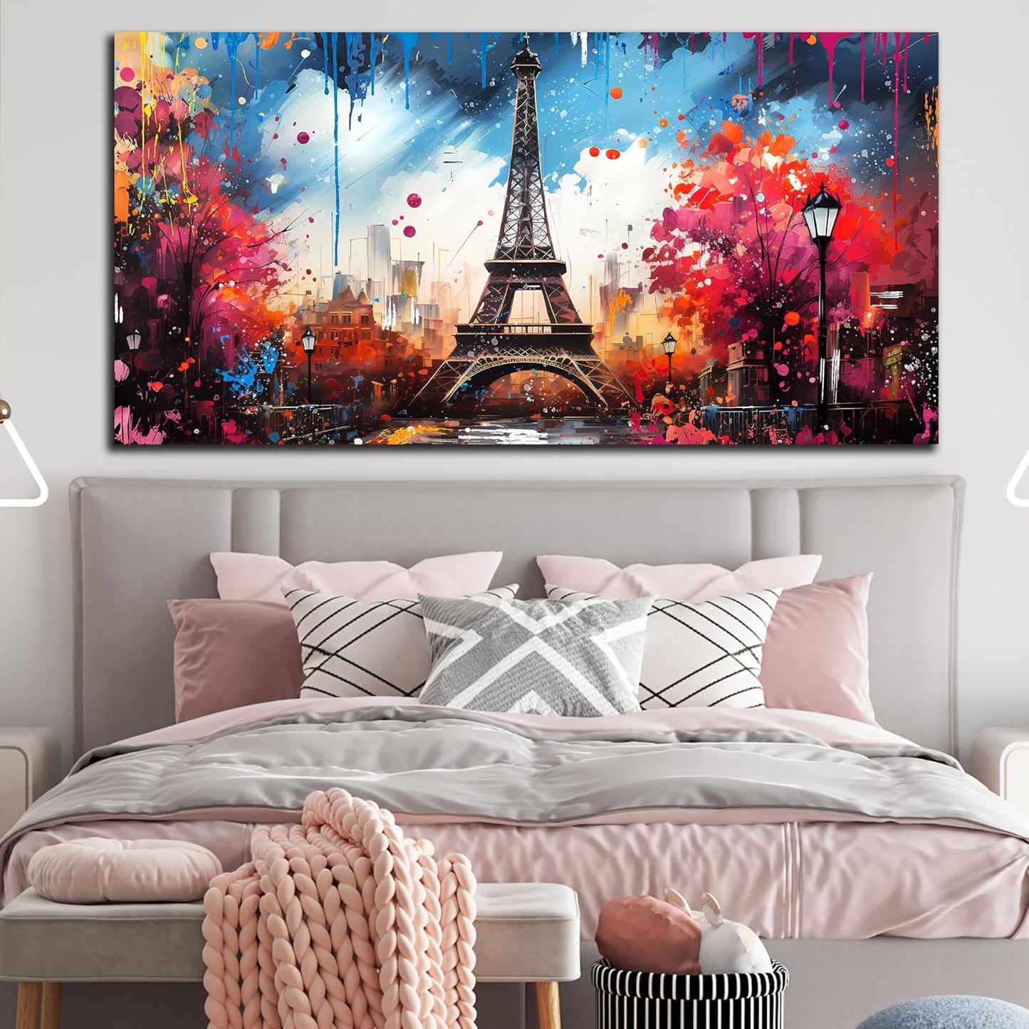 Large Canvas Wall Art Paris Eiffel Tower Decor Modern Blue and Red Graffiti Canvas Prints Ready to Hang for Living Room Bedroom Framed Home Decor Size 24x48