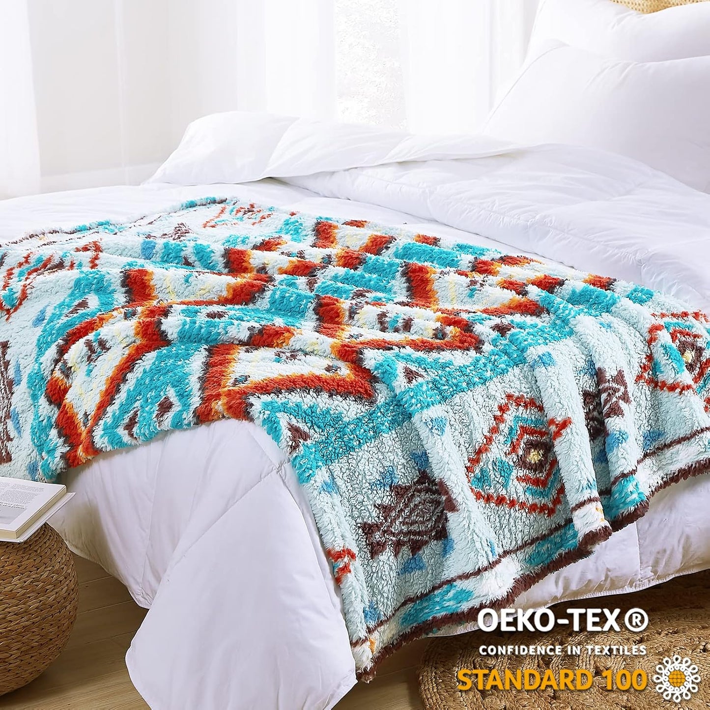 CASAAGUSTO Boho Sherpa Throw Blanket, Aztec Throw, Ultra Soft, Warm, Cozy, Plush, Thick Fleece Bohemian Throw Blanket for Couch, Bed, Sofa (Aqua 50 * 60 Inch)