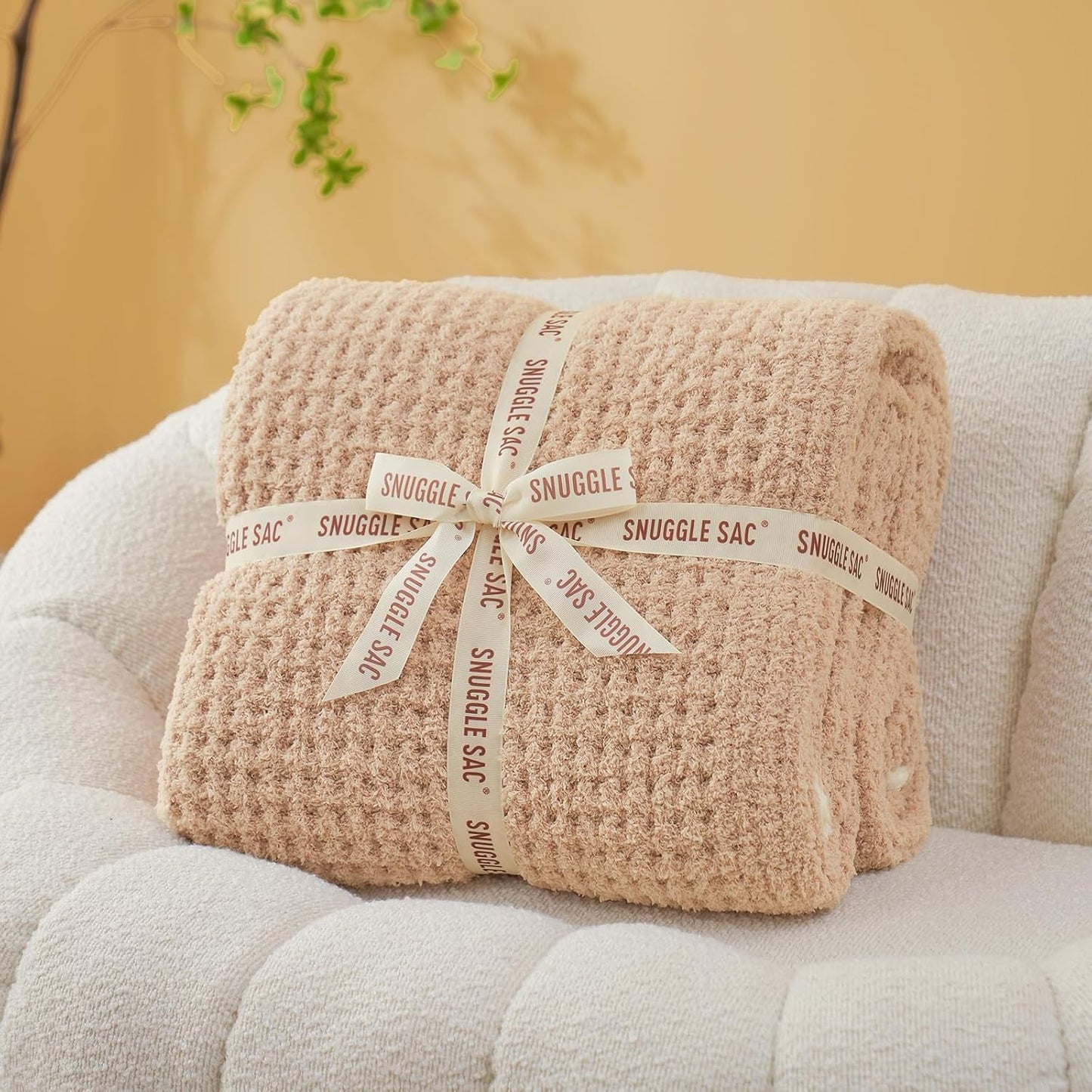 Snuggle Sac Beige Waffle Blanket for Couch Bed Sofa 60x80 inches, Reversible Soft Throw Microfiber Fluffy Fuzzy Cozy Knit Twin Blanket for Women Mothers Birthday Gifts