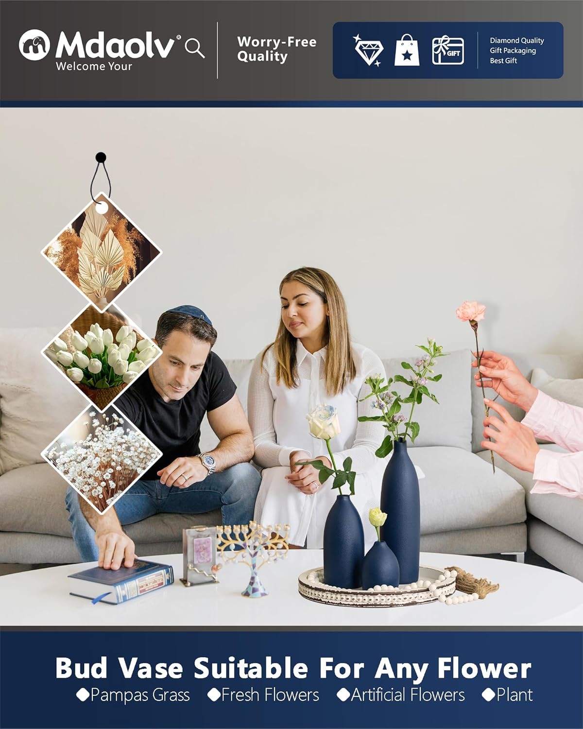 Matte Blue Vase Set Navy Blue Decor Coastal Decor Vases for Kitchen Island Living Room Office Table Fireplace Mantle Decorations & Bathroom Shelf Decor Centerpiece Table Decorations Ceramic