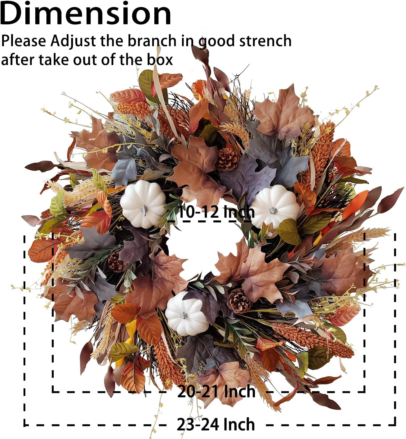 WANNA-CUL 24 Inch Fall Wreath for Front Door with White Pumpkins,Grains, Maple Leaves-Fall Decoration for Home-Large Fall Decor Door Wreath for Autumn,Harvest or Halloween