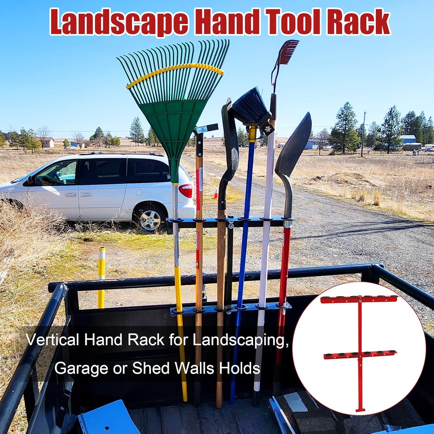 Vertical Hand Rack for Enclosed Landscaping Truck Trailer Garage or Shed Walls Holds 6 Tools for Shovels, Rakes, Hoes, Open Trailer Storage, 1 Pack (Red)