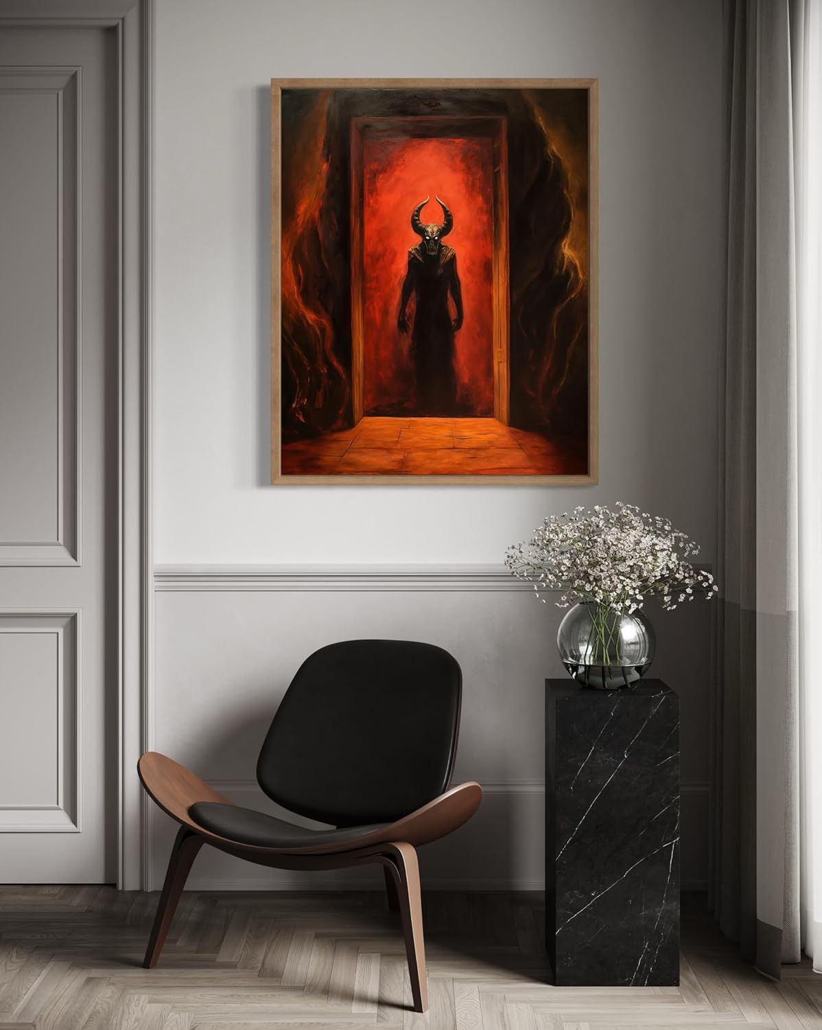 Satan and Hell Poster Art Print, Halloween Scary Vintage Wall Art Academia Spooky Painting Decoration for Horror Prints, Gothic Posters Bedroom Decor 89 (Satan and Hell, 16 x 20 inches, Wood Frame)
