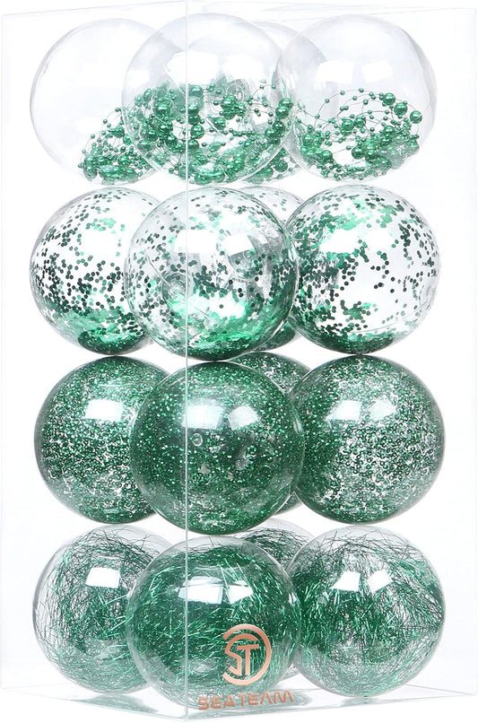 Sea Team Shatterproof Clear Plastic Christmas Ball Ornaments Decorative Xmas Balls Baubles Set with Stuffed Delicate Decorations (100mm/3.94 inch 16-Pack, Green)