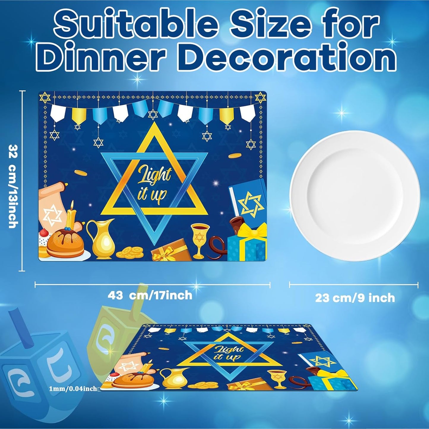 Hanukkah Placemats Set of 6 Festival of Lights Table Mats Plastic Passover Recyclable Place Mats Washable Holiday Table Decoration for Indoor Outdoor Hanukkah Party Kitchen Dining