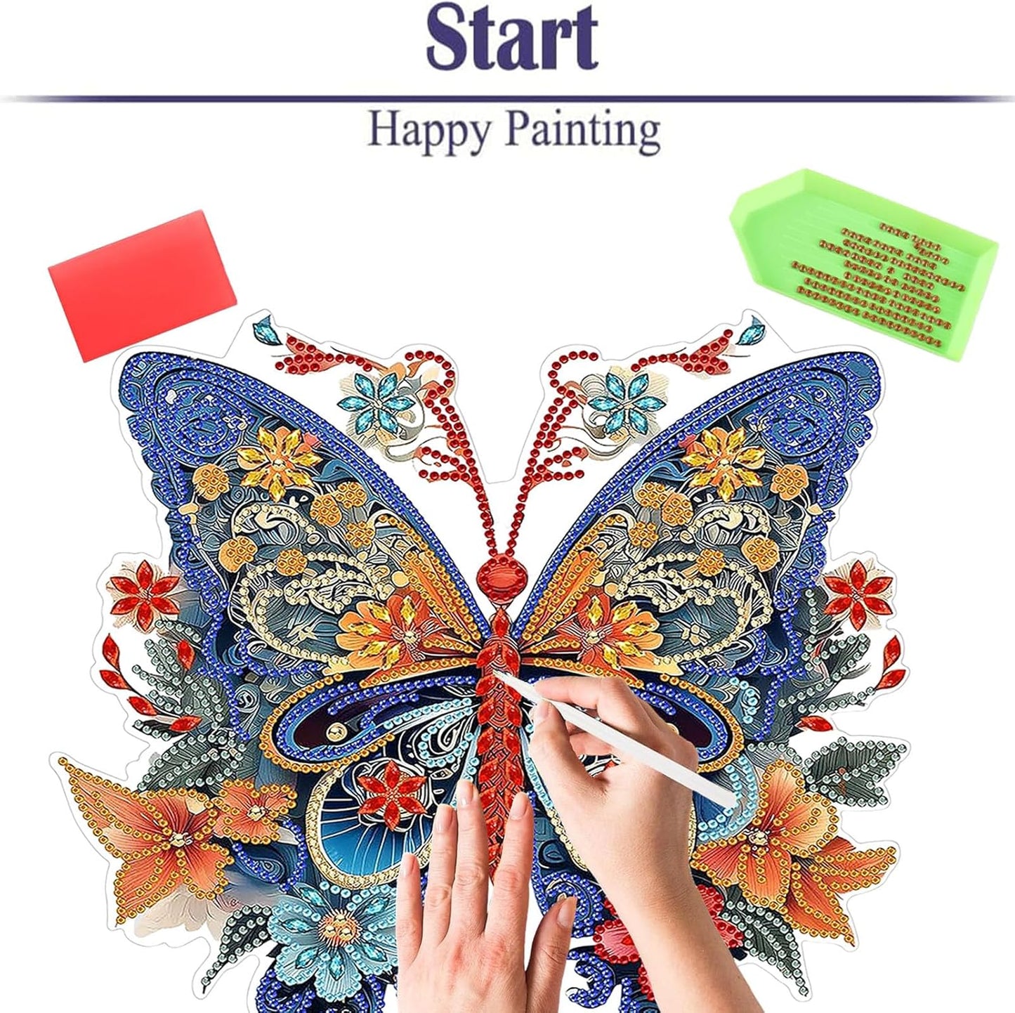 Diamond Painting Kits for Adults Beginners, 5D Full Drill Flowers and Butterfly Crystal Art Desktop Ornament, DIY Single Sided Home Office Desk Decor, Creative Craft Gift Set with Tools