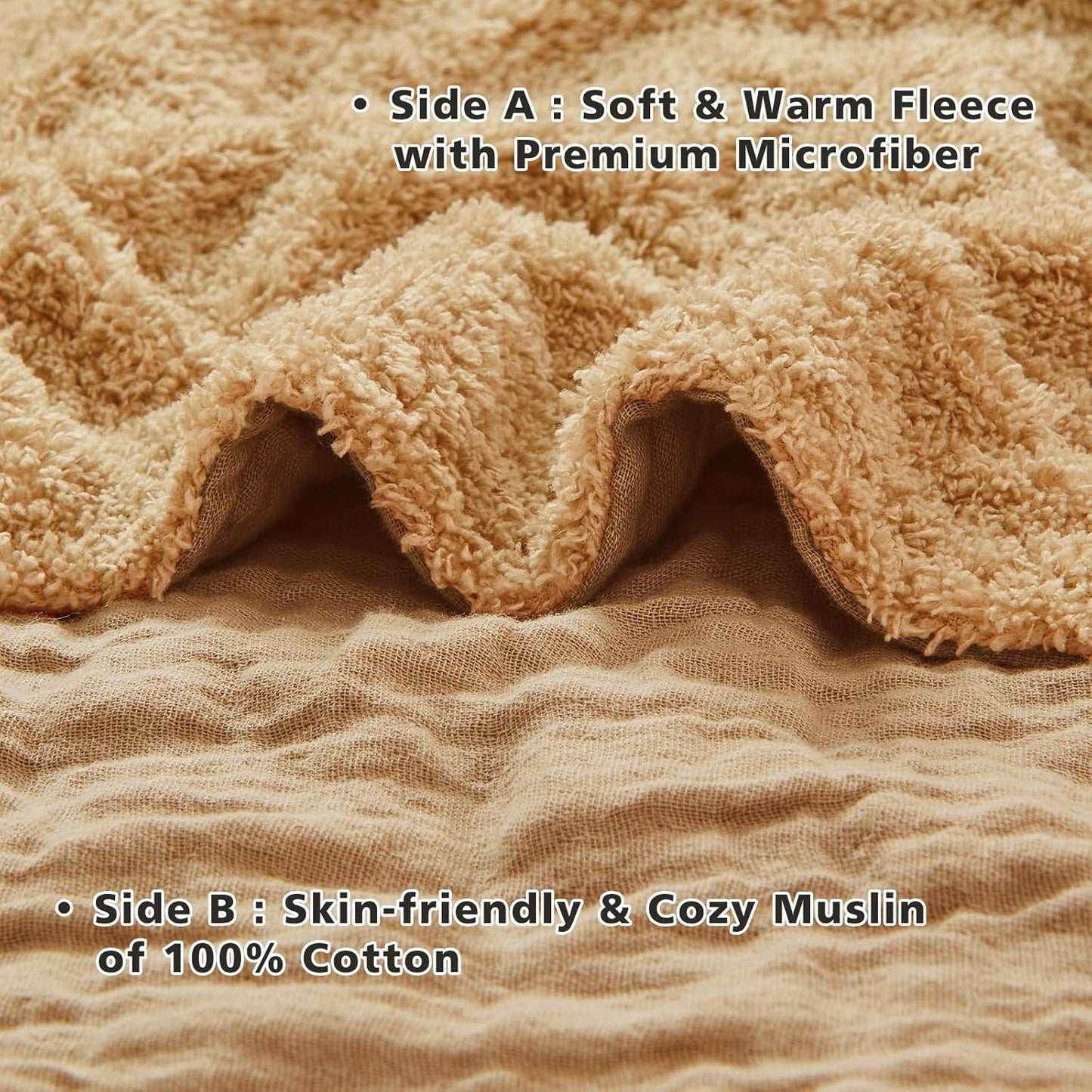 EMME Muslin and Fleece Twin Blanket Reversible - 60"*80" Beige Soft Warm Throw Blankets for Couch Bed Picnic Travel Bed