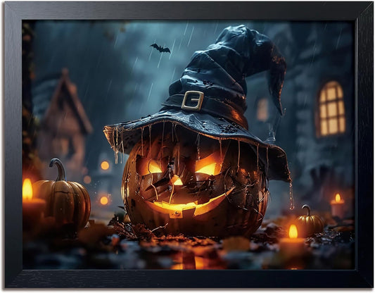 Wood Framed Dark Halloween Pumpkin Wall Art, Gothic Witch Hat Jack-o'-Lantern Canvas Print, Dark Academia Spooky Haunted House Poster Wall Art for Living Room Bedroom Room Aesthetics 16x24 inch